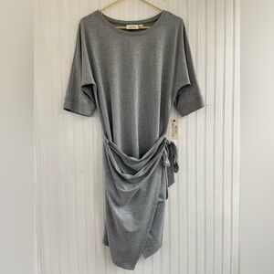 MIND/MATTER Gray Grey French Terry Long Sleeve Wrap MIDI Dress Size LARGE NWT